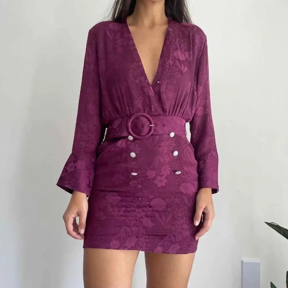 Zara new with tags long sleeve satin floral printed belted mini dress